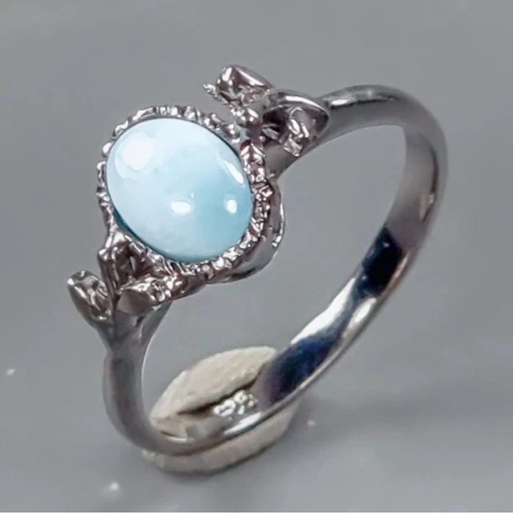Bespoke Art Natural Blue Larimar in 925 Sterling Silver and Black Rhodium Size 6